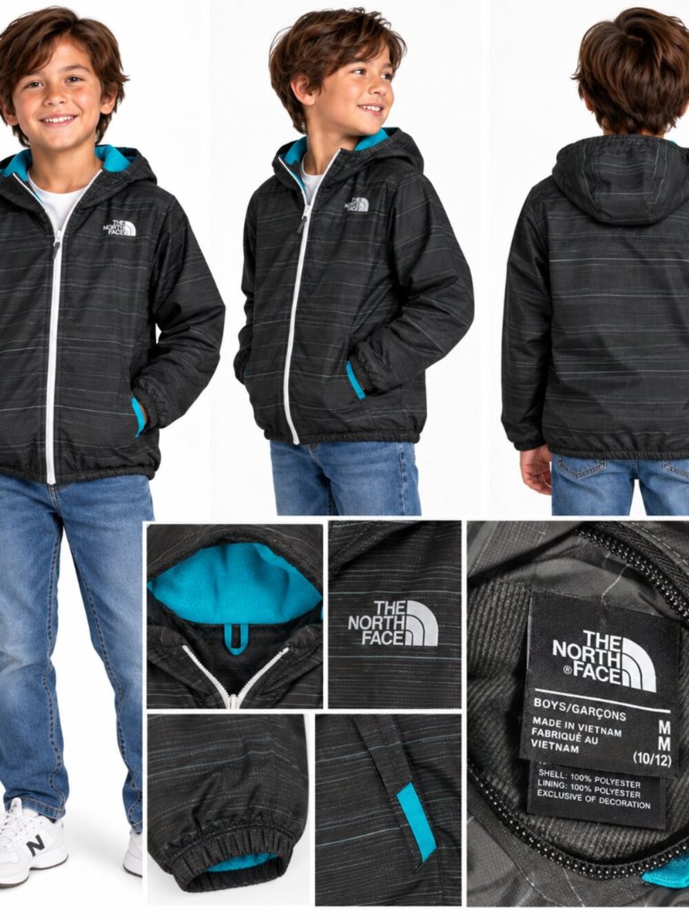The North Face Boys M 10/12 Hooded Zip Jacket Black Windbreaker Sporty Outdoor